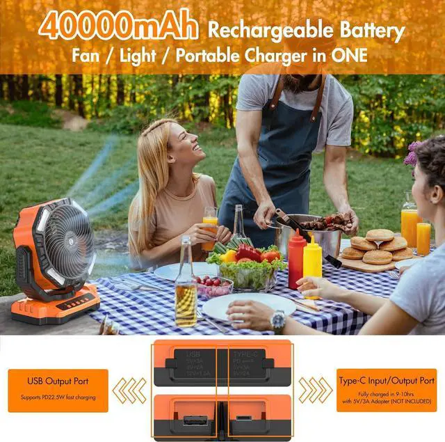 Alt view image 2 of 7 - 40000mAh Battery Powered Camping Fan - 136H Max Cooling, Rechargeable Battery Operated Oscillating Floor Fan with Charger, Remote & Hook, Portable for Tent Outdoor Patio Garage Hurricane Power Outage