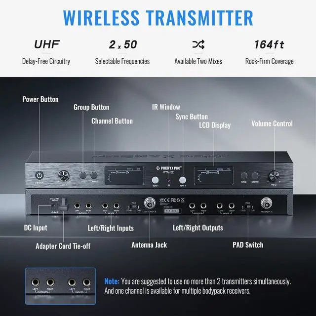Alt view image 2 of 6 - UHF Mono Dual Wireless in-Ear Monitor System, Metal Wireless IEM System, Sturdy Bodypack Receiver, 2x50 Frequencies, Separate Outputs,164ft Operation, Suitable for Band and Studio (PTM-22)