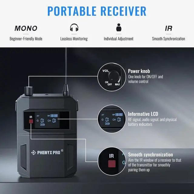 Alt view image 3 of 6 - UHF Mono Dual Wireless in-Ear Monitor System, Metal Wireless IEM System, Sturdy Bodypack Receiver, 2x50 Frequencies, Separate Outputs,164ft Operation, Suitable for Band and Studio (PTM-22)