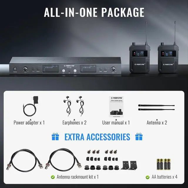 Alt view image 5 of 6 - UHF Mono Dual Wireless in-Ear Monitor System, Metal Wireless IEM System, Sturdy Bodypack Receiver, 2x50 Frequencies, Separate Outputs,164ft Operation, Suitable for Band and Studio (PTM-22)