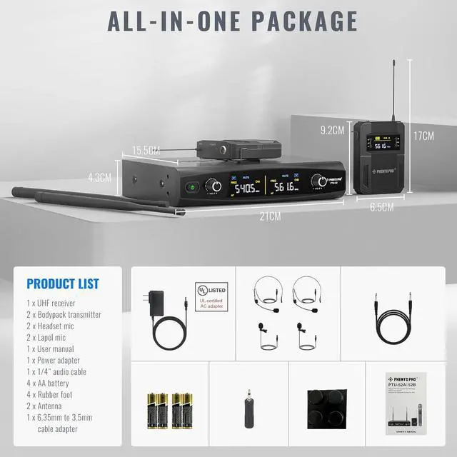 Alt view image 7 of 7 - UHF Wireless Microphone System w/ 2x30 Tunable Frequencies, Metal Cordless Mic Set, 200 ft Range, 2 Bodypacks & Headsets/Lapel Mics for Speaking, Singing, Church, DJ (PTU-52-2B)