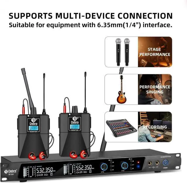 Alt view image 6 of 7 - Audio PRO ER-202 UHF Dual Channel Wireless in Ear Monitor System with Monitoring Type for Stage, Receiver for Studio, Guitar, Band Performance (2 Bodypacks with Transmitter)