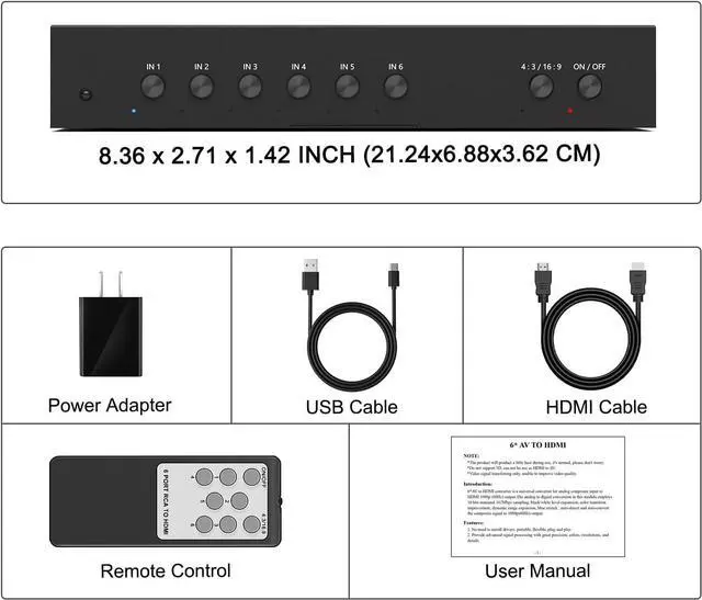 Alt view image 6 of 6 - 6 Port RCA AV to HDMI Converter - 720/1080P Support, 16:9/4:3 Switcher - Compatible with Wii, N64, PS2, PS3, VHS, VCR, DVD Players (6AV Input, 1 HDMI Output)
