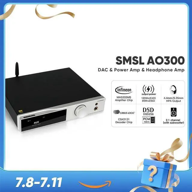 Alt view image 2 of 7 - SMSL AO300 MA5332MS Class D Amplifier, 165Wx2 Power Amps, CS43131 HiFi DAC Headphone Amp, USB/Coax/Opt/HDMI ARC/RCA Input 2.1 Channel Stereo Amp for Speaker/Subwoofer/4.4mm/6.35mm Headphone (Silver)