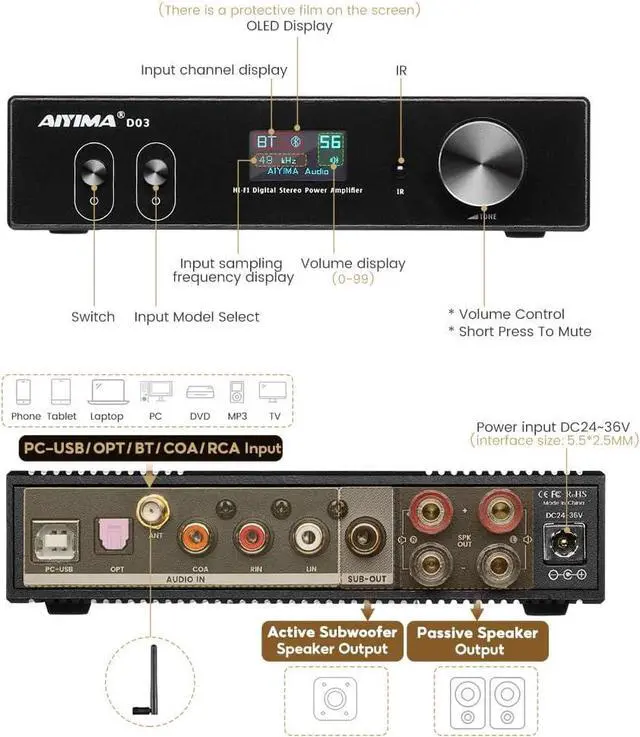Alt view image 2 of 7 - D03 Bluetooth 5.0 DAC Amplifier 150 Watt x 2 Stereo HiFi 2.1 CH Digital Sound Amplificador 24Bit/192kHz Class D Power Amp USB Coaxial Optical OLED AptX, Support Subwoofer & with Remote