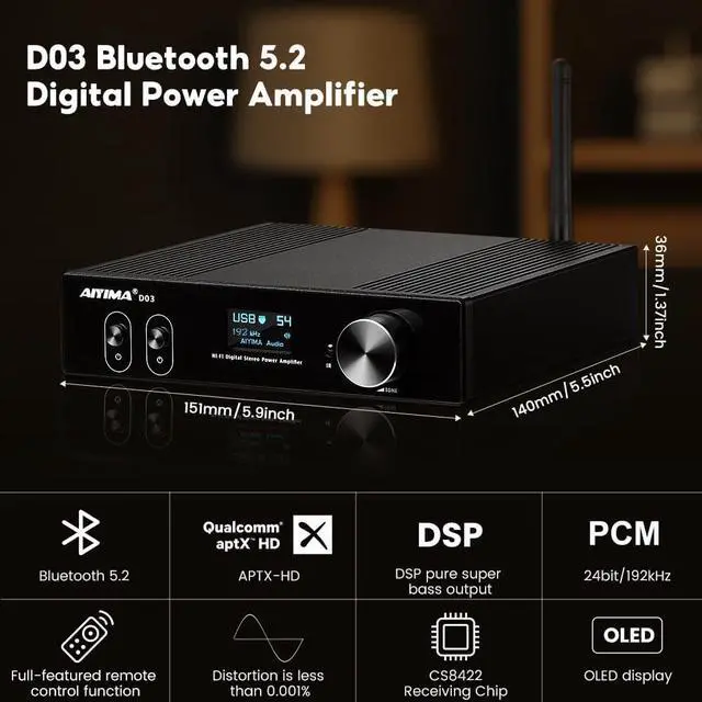 Alt view image 3 of 7 - D03 Bluetooth 5.0 DAC Amplifier 150 Watt x 2 Stereo HiFi 2.1 CH Digital Sound Amplificador 24Bit/192kHz Class D Power Amp USB Coaxial Optical OLED AptX, Support Subwoofer & with Remote