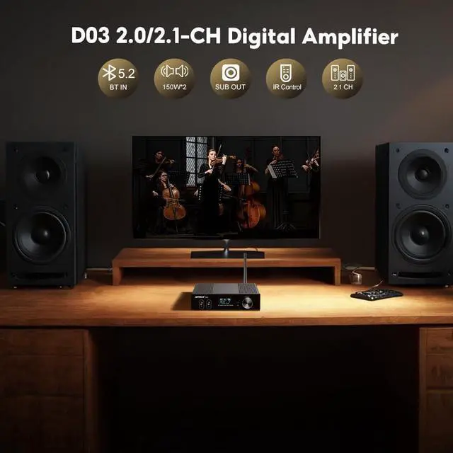 Alt view image 5 of 7 - D03 Bluetooth 5.0 DAC Amplifier 150 Watt x 2 Stereo HiFi 2.1 CH Digital Sound Amplificador 24Bit/192kHz Class D Power Amp USB Coaxial Optical OLED AptX, Support Subwoofer & with Remote