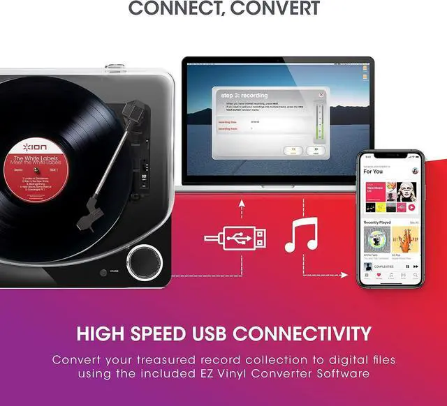 Alt view image 5 of 7 - Audio Max LP Black |Three Speed Vinyl Conversion Turntable with Stereo Speakers, USB Output to Convert Vinyl Records to Digital Files and Standard RCA & Headphone Outputs