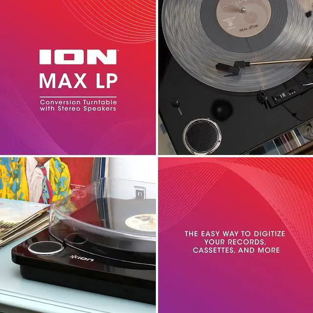 Alt view image 7 of 7 - Audio Max LP Black |Three Speed Vinyl Conversion Turntable with Stereo Speakers, USB Output to Convert Vinyl Records to Digital Files and Standard RCA & Headphone Outputs