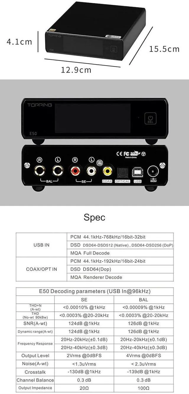 Alt view image 2 of 7 - Topping E50 Mini HiFi DAC ES9068AS DSD512 PCM768kHz USB DAC USB/Coax/Opt Inputs RCA/TRS Outputs Decoder for Home Theater Game Music Black