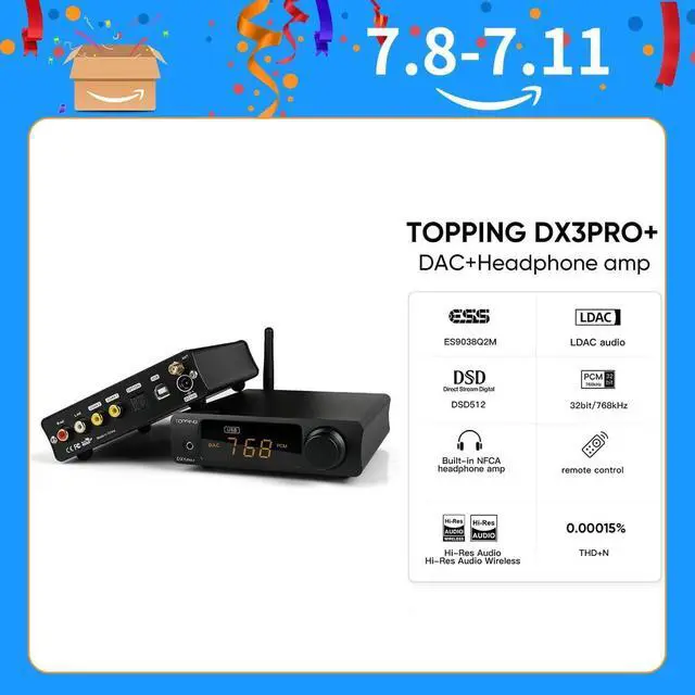 Alt view image 2 of 7 - DX3 Pro+ NFCA LDAC Headphone Amplifier, ES9038Q2M Audio DAC Amp, Bluetooth/USB/Optical/Coaxial Input RCA/3.5mm Headphone Amplifiers Preamp (Black)