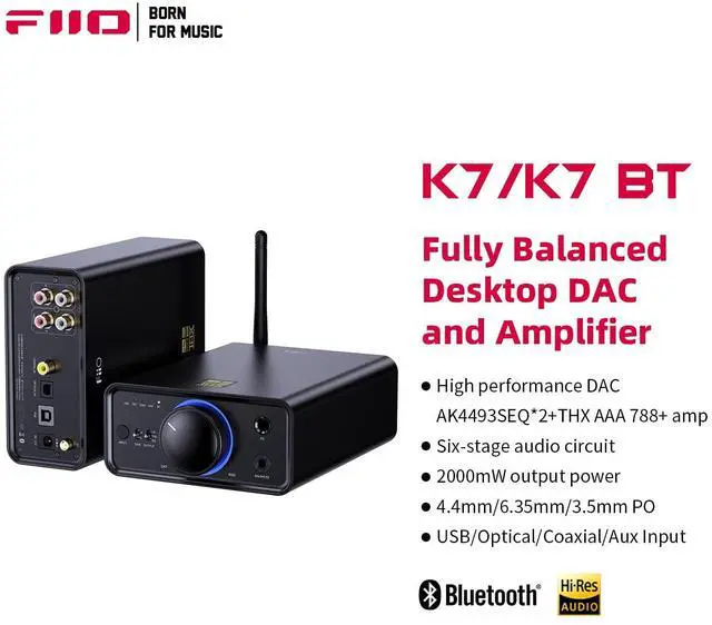 Alt view image 6 of 7 - K7BT Balanced HiFi DAC Bluetooth Headphone Amplifier AK4493S*2, XMOS XU208 PCM384kHz DSD256,USB/Optical/Coaxial/RCA Inputs, 6.35mm/4.4mm Output(US Plug)