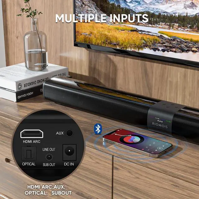 Alt view image 3 of 6 - Sound Bars for Smart TV, 31-in Bluetooth TV Soundbar Speakers with HDMI-ARC, Optical AUX Connection, Crisp Sound and Easy Setup, Detachable Surround Sound System for TV, PC, Projector.