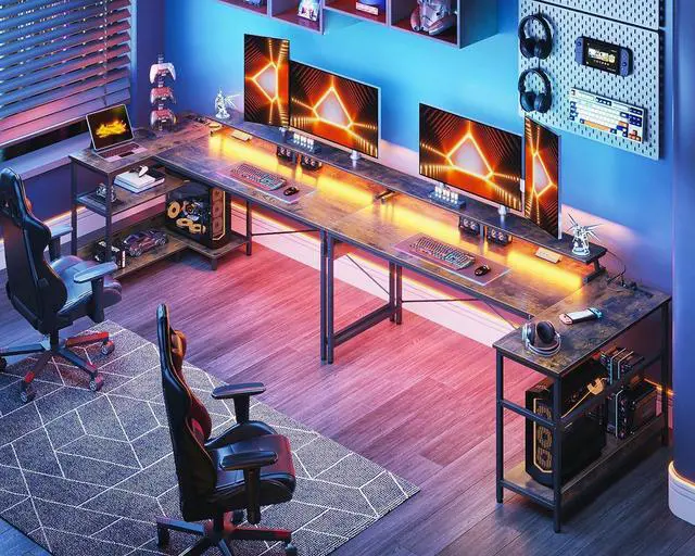 Alt view image 2 of 7 - 66 Inch Gaming Desk with USB Charging Ports and LED Lights, Reversible L Shaped Computer Desk with Storage Shelves & Monitor Stand, Home Office Desk Table with Power Outlets, Vintage