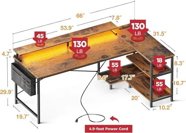 Alt view image 3 of 7 - 66 Inch Gaming Desk with USB Charging Ports and LED Lights, Reversible L Shaped Computer Desk with Storage Shelves & Monitor Stand, Home Office Desk Table with Power Outlets, Vintage