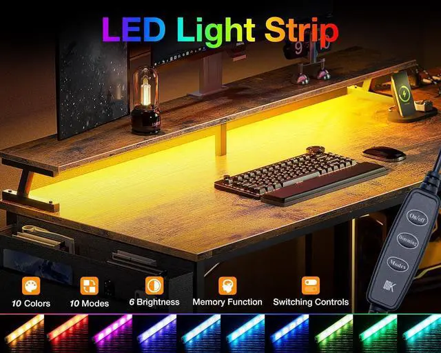 Alt view image 4 of 7 - 66 Inch Gaming Desk with USB Charging Ports and LED Lights, Reversible L Shaped Computer Desk with Storage Shelves & Monitor Stand, Home Office Desk Table with Power Outlets, Vintage