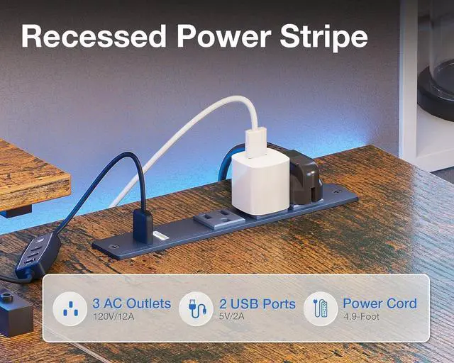 Alt view image 5 of 7 - 66 Inch Gaming Desk with USB Charging Ports and LED Lights, Reversible L Shaped Computer Desk with Storage Shelves & Monitor Stand, Home Office Desk Table with Power Outlets, Vintage