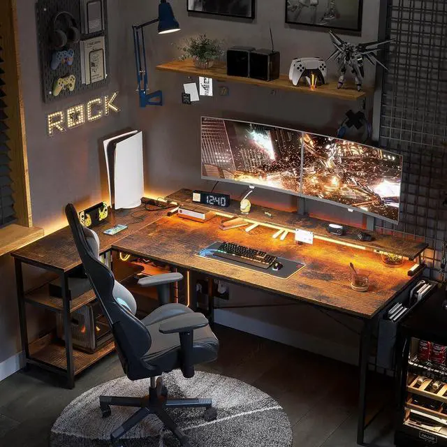 Alt view image 7 of 7 - 66 Inch Gaming Desk with USB Charging Ports and LED Lights, Reversible L Shaped Computer Desk with Storage Shelves & Monitor Stand, Home Office Desk Table with Power Outlets, Vintage