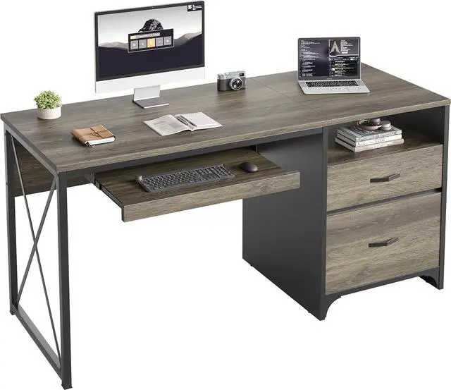 Main image of Office Desk with Drawers, 55 inch Industrial Computer Desk with Storage, Wood Teacher Desk with Keyboard Tray & File Drawer for Home Office, Dark Gray Oak