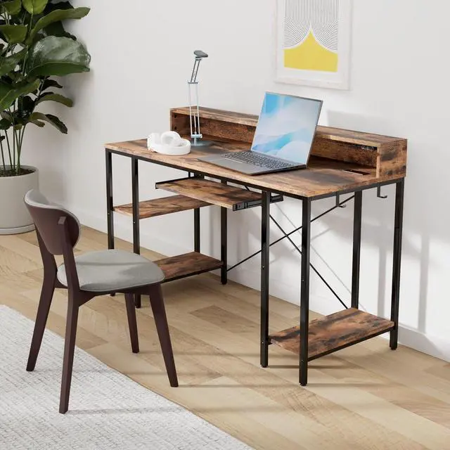 Alt view image 2 of 7 - Computer Desk 47 inch with LED Lights & Power Outlets, Gaming Desk with Storage Shelves, Home Office Desk with Keyboard Tray, Writing Desk with Monitor Stand, Work Desk, Rustic Brown