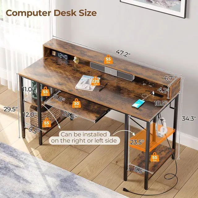Alt view image 3 of 7 - Computer Desk 47 inch with LED Lights & Power Outlets, Gaming Desk with Storage Shelves, Home Office Desk with Keyboard Tray, Writing Desk with Monitor Stand, Work Desk, Rustic Brown