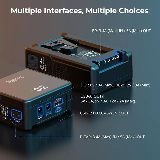 Alt view image 3 of 7 - V Mount Battery VB50 Black, 50Wh / 3400mAh V Mount Battery with 45W Output, 1.5H Full Charge, with USB-C, D-TAP, USB-A, Dual DC Ports, OLED Screen, for Cameras, Phones, Camcorders, Monitors