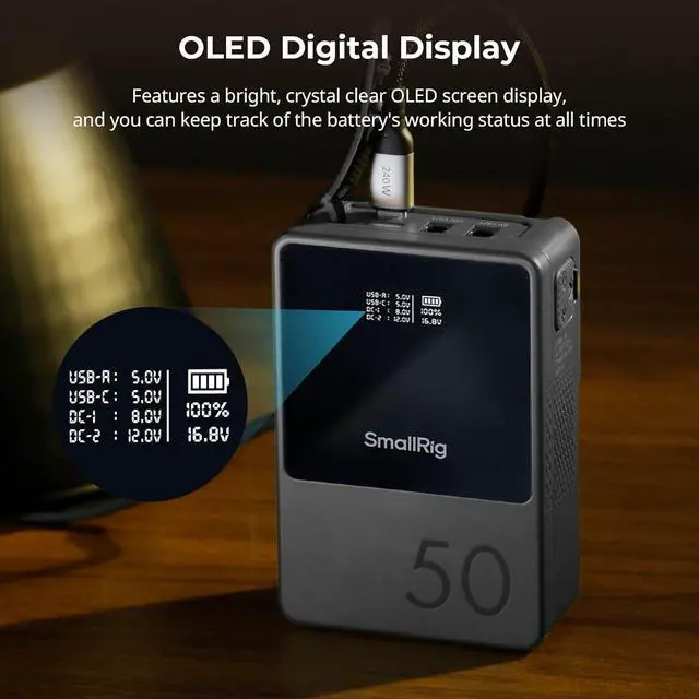 Alt view image 6 of 7 - V Mount Battery VB50 Black, 50Wh / 3400mAh V Mount Battery with 45W Output, 1.5H Full Charge, with USB-C, D-TAP, USB-A, Dual DC Ports, OLED Screen, for Cameras, Phones, Camcorders, Monitors