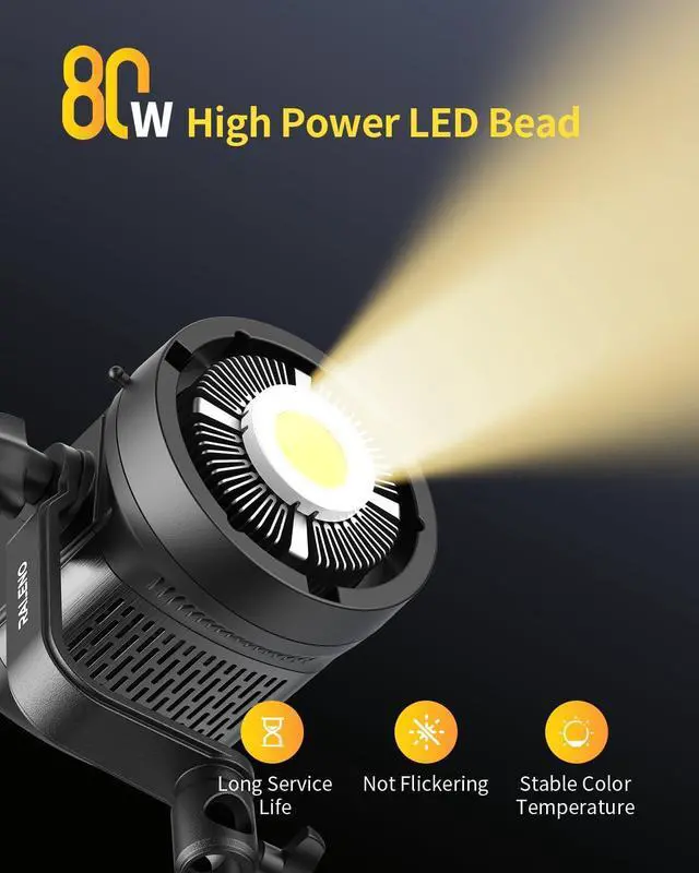 Alt view image 2 of 7 - RALENO 80W LED Video Light with APP Control, 2700-6500K Bi Color Studio Lights with 12 Built-in Lighting Effects, Photography Light on Continuous Output Lighting for YouTube TikTok Video Recording