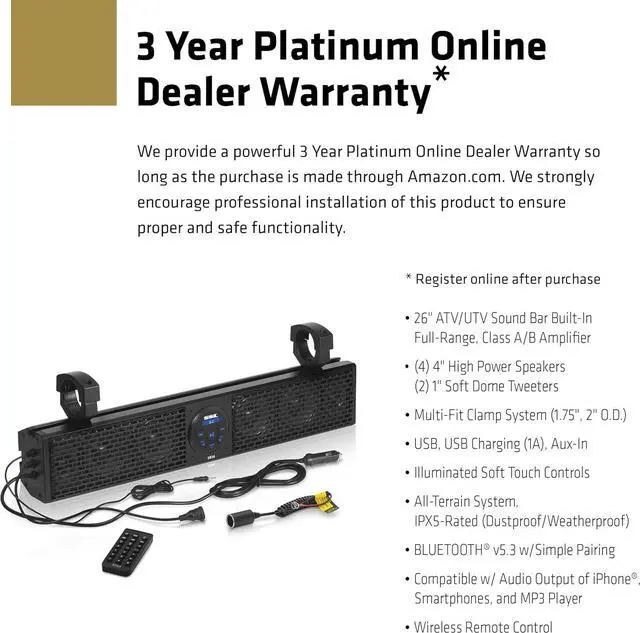 Alt view image 2 of 6 - SB26 ATV UTV Sound Bar - 26 Inch Wide, 4 Inch Speakers, 1 Inch Tweeters, Full Range Audio, IPX5 Weatherproof, Bluetooth, Built in Amplifier, Golf Cart Compatible