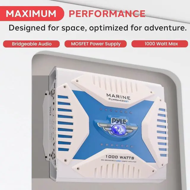 Alt view image 5 of 7 - 2.1 Bluetooth Marine Amplifier Receiver - Waterproof 4 Channel Wireless Bridgeable Audio Amp for Stereo Speaker with 1000 Watt Power Dual MOSFET Supply, GAIN Level and LED Indicator - PLMRA430BT