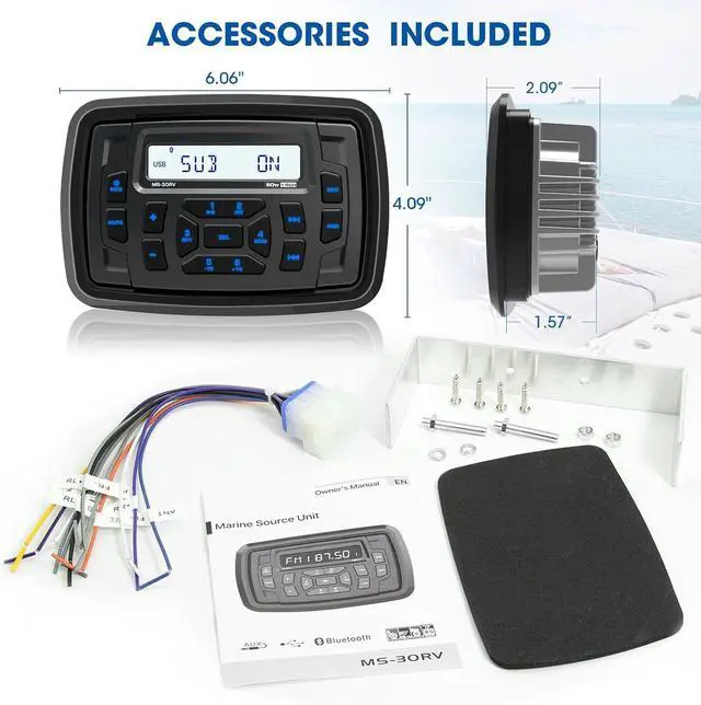Alt view image 6 of 6 - Bluetooth Marine Radio Receiver Waterproof - 200 Watts Boat Stereo Head Unit with Subwoofer USB AUX AM FM for ATV UTV RZR Motorcycle Golf Cart Spa Powersports