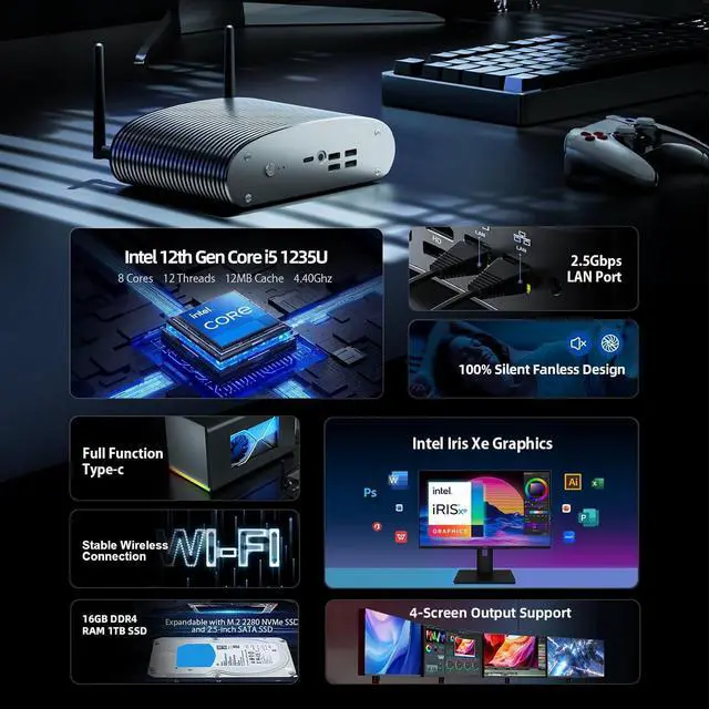 Alt view image 2 of 7 - Industrial Fanless Mini PC i5 1235U (10C/12T, 4.4GHz Max) 16GB DDR4 RAM 1TB NVME SSD, 100% Silent Type-c Mini Computers with Win 11 Pro/Wi-Fi 5/BT 5.0/2x 2.5G LAN/4-Screen for Home/Office, Work 24/7