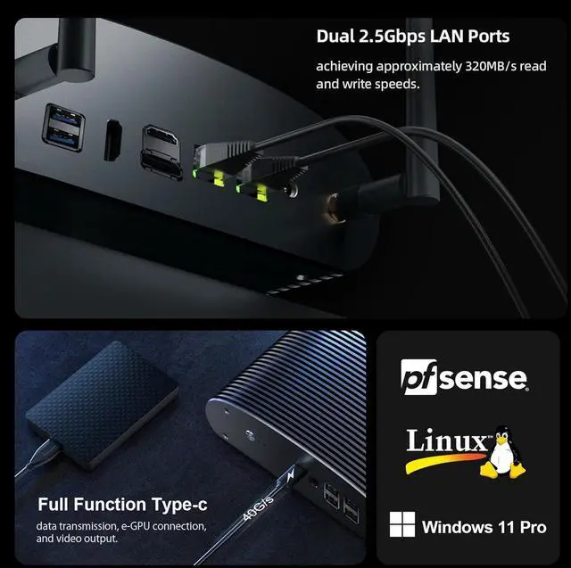 Alt view image 7 of 7 - Industrial Fanless Mini PC i5 1235U (10C/12T, 4.4GHz Max) 16GB DDR4 RAM 1TB NVME SSD, 100% Silent Type-c Mini Computers with Win 11 Pro/Wi-Fi 5/BT 5.0/2x 2.5G LAN/4-Screen for Home/Office, Work 24/7