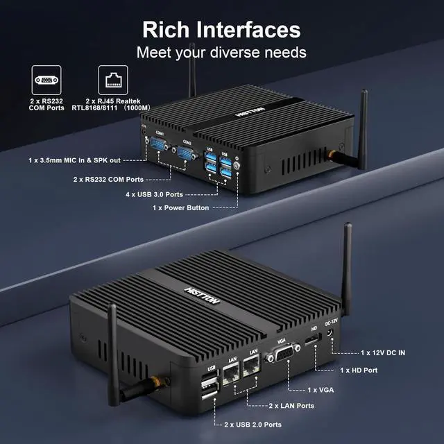 Alt view image 6 of 7 - Fanless Mini PC, Industrial PC Celeron J4125, DDR4 8GB RAM 128GB SSD, Mini Computer 2 LAN, Wifi, BT4.0, Industrial Mini PC with 2 RS232 COM, HD/VGA Port, 4x USB3.0, Mini Desktop Windows 10 Pro