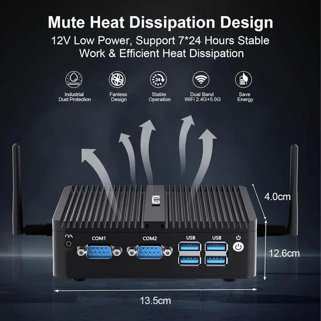 Alt view image 7 of 7 - Fanless Mini PC, Industrial PC Celeron J4125, DDR4 8GB RAM 128GB SSD, Mini Computer 2 LAN, Wifi, BT4.0, Industrial Mini PC with 2 RS232 COM, HD/VGA Port, 4x USB3.0, Mini Desktop Windows 10 Pro