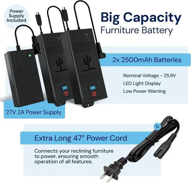 Alt view image 2 of 7 - Two Universal Battery Packs for Reclining Furniture with LCD Display - Wireless 2500mAh Rechargeable Battery Packs with One Charger and Power Cord Combo
