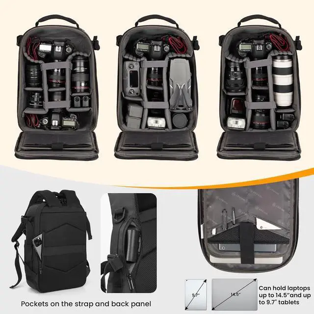 Alt view image 5 of 7 - Hardshell Camera Backpack Bag - 3-side Hard Case Professional Camera Bag with 14.5" Laptop Compartment & Waterproof Raincover for photographers (TRH Black)