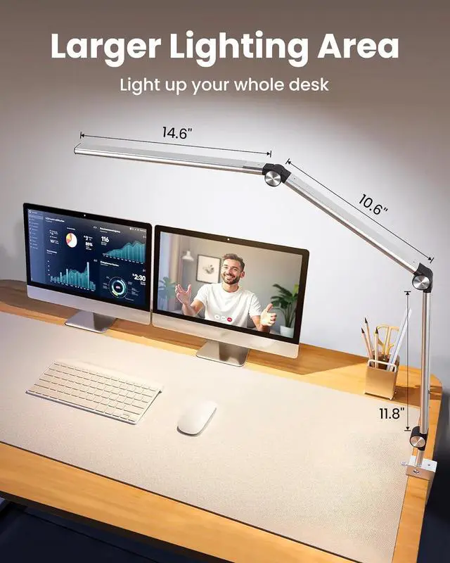 Alt view image 4 of 6 - 24W Bright LED Desk Lamp with Clamp, CRI>97 Eye Care Aluminum Architect Desk Lamp for Home Office with Remote, 5 Color Mode & 5 Brightness, Flexible Swing Arm Desk Lights for Reading Study