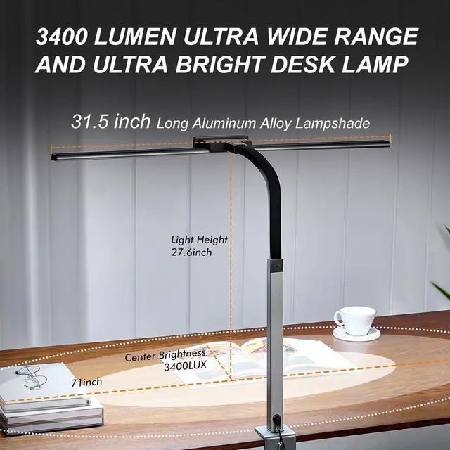 Alt view image 2 of 7 - 3400 Lumen Architect Desk Lamp with Clock for Home Office, 31.5W x 27H, Ultra Bright Auto-Fill Brightness Desk Lamps with Timer, Gooseneck Touch LED Light for Work/Study/Read (Clamp)