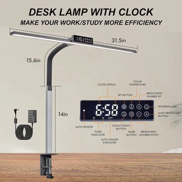 Alt view image 3 of 7 - 3400 Lumen Architect Desk Lamp with Clock for Home Office, 31.5W x 27H, Ultra Bright Auto-Fill Brightness Desk Lamps with Timer, Gooseneck Touch LED Light for Work/Study/Read (Clamp)