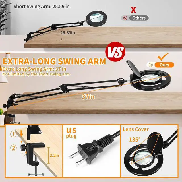 Alt view image 3 of 7 - 10X Long Magnifying Glass with Light and Stand, 2200 Lumens Dimmable Bright LED Lighted Magnifier, Ajustable Swing Arm Magnifying Desk Lamp with Clamp, Hands Free for Hobby Repair Workbench