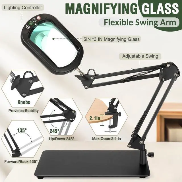 Alt view image 6 of 7 - 10X Rectangle Magnifying Glass with Light and Stand, 5 Color Modes Stepless Dimmable, 2-in-1 LED Lighted Desk Lamp & Clamp, Hands Free Magnifier for Reading Crafts Repair Painting Close Work