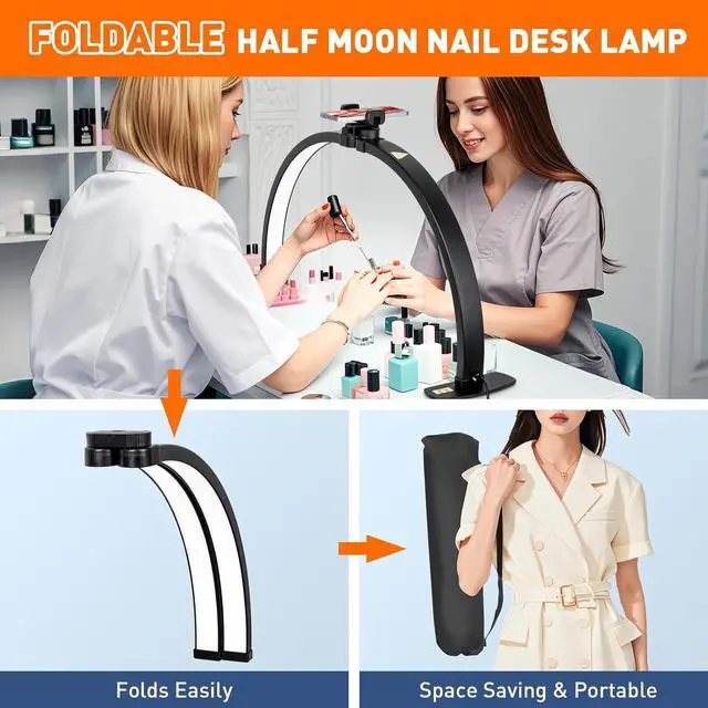 Alt view image 3 of 7 - Foldable Esthetician for Half Moon Light Nail Tech for Lash, Craft, Tattoo, Manicure, 29in Large Desk Nail Lamp 4700 Lumens Adjustable 3 Color Modes & 10 Brightness with Phone Stand-Black