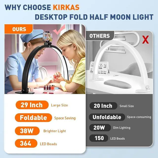 Alt view image 2 of 7 - Foldable Esthetician for Half Moon Light Nail Tech for Lash, Craft, Tattoo, Manicure, 29in Large Desk Nail Lamp 4700 Lumens Adjustable 3 Color Modes & 10 Brightness with Phone Stand-Black