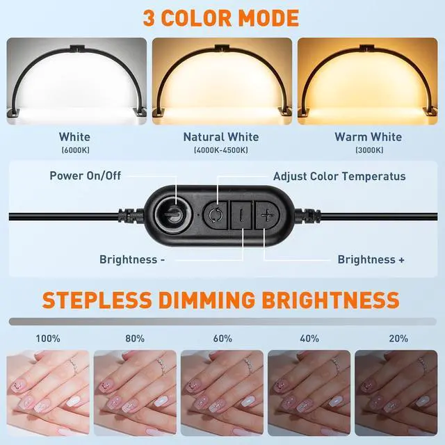 Alt view image 4 of 7 - Foldable Esthetician for Half Moon Light Nail Tech for Lash, Craft, Tattoo, Manicure, 29in Large Desk Nail Lamp 4700 Lumens Adjustable 3 Color Modes & 10 Brightness with Phone Stand-Black