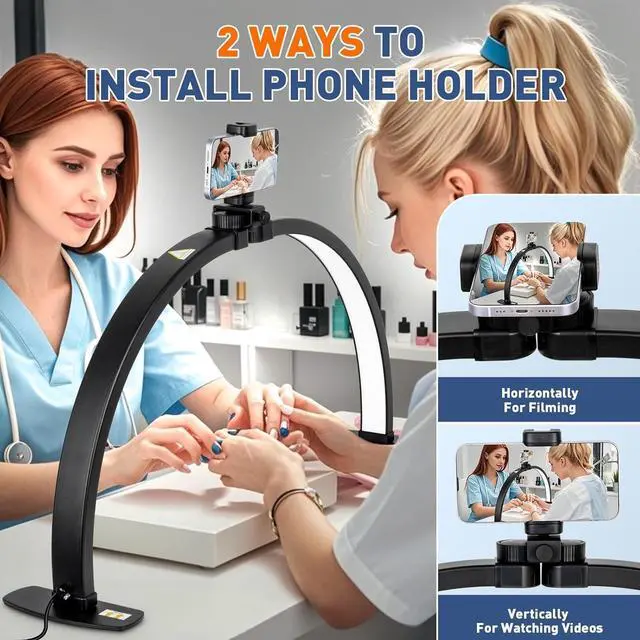 Alt view image 5 of 7 - Foldable Esthetician for Half Moon Light Nail Tech for Lash, Craft, Tattoo, Manicure, 29in Large Desk Nail Lamp 4700 Lumens Adjustable 3 Color Modes & 10 Brightness with Phone Stand-Black