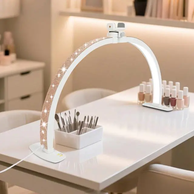 Main image of Half Moon Light for Nail Desk with Phone Holder, 28IN Folding Half-Moon Light with Shinning Diamond, LED Lamp for Nail Art, Eyelash Extension, Tattooing, Skin Management, 10 Brightness Levels, Gold