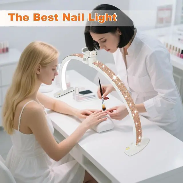 Alt view image 2 of 7 - Half Moon Light for Nail Desk with Phone Holder, 28IN Folding Half-Moon Light with Shinning Diamond, LED Lamp for Nail Art, Eyelash Extension, Tattooing, Skin Management, 10 Brightness Levels, Gold
