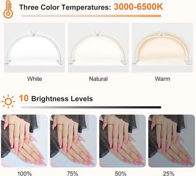 Alt view image 3 of 7 - Half Moon Light for Nail Desk with Phone Holder, 28IN Folding Half-Moon Light with Shinning Diamond, LED Lamp for Nail Art, Eyelash Extension, Tattooing, Skin Management, 10 Brightness Levels, Gold