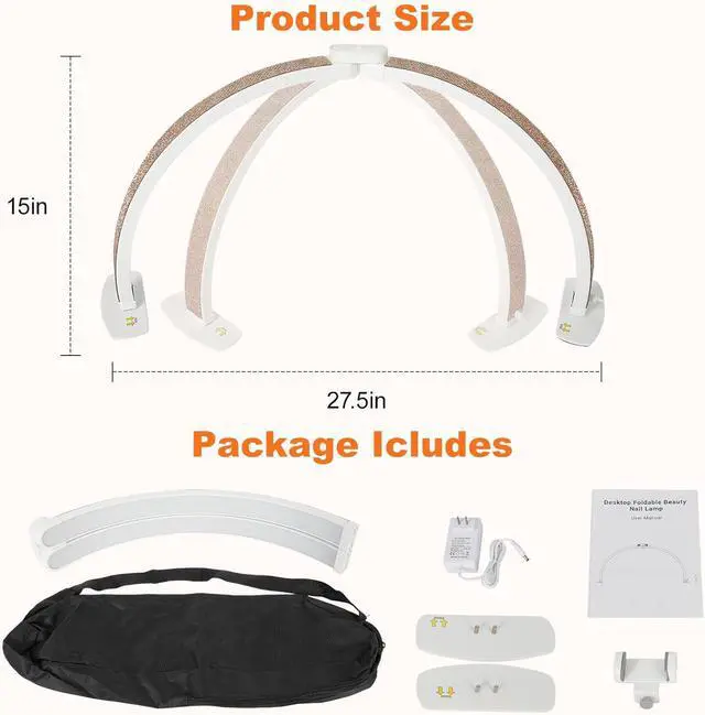 Alt view image 7 of 7 - Half Moon Light for Nail Desk with Phone Holder, 28IN Folding Half-Moon Light with Shinning Diamond, LED Lamp for Nail Art, Eyelash Extension, Tattooing, Skin Management, 10 Brightness Levels, Gold